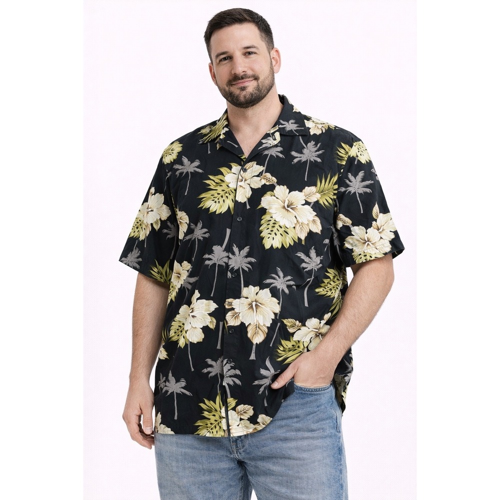 Palmwave Hawaii Button Down Shirt Mens XL‎ Black Tropical Floral Aloha Shirt